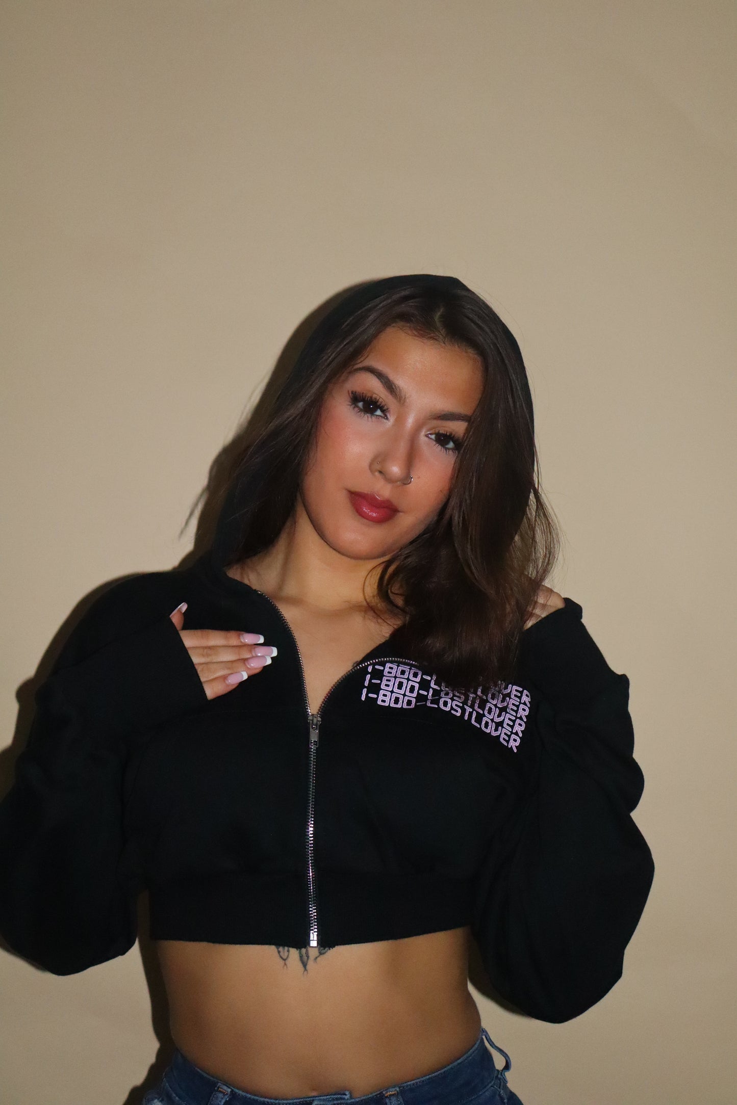 “1-800-LOSTLOVER” Cropped Zip-Up Jacket