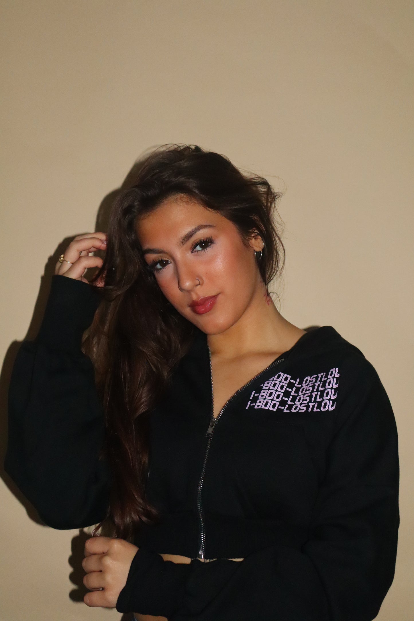 “1-800-LOSTLOVER” Cropped Zip-Up Jacket