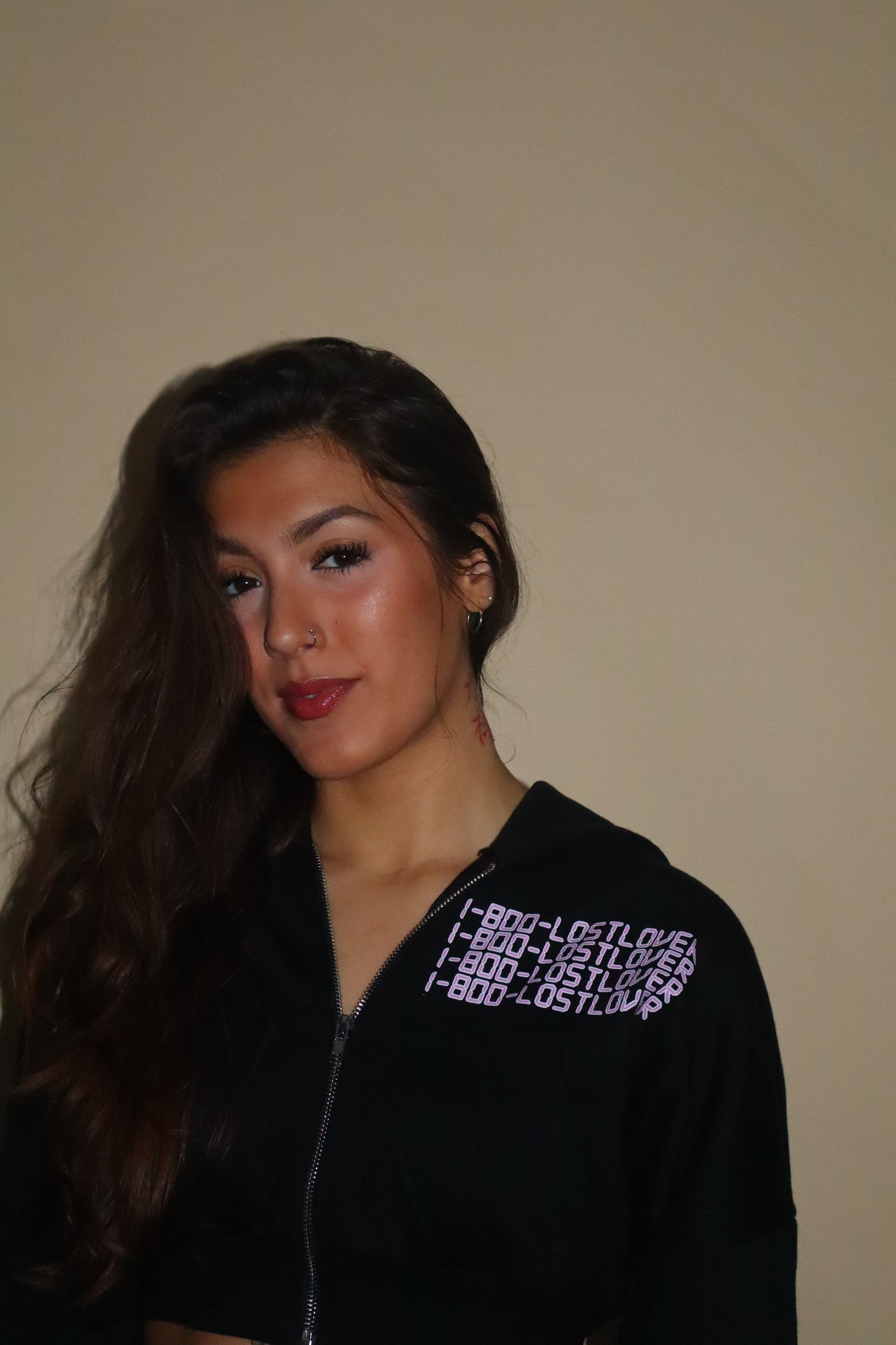 “1-800-LOSTLOVER” Cropped Zip-Up Jacket