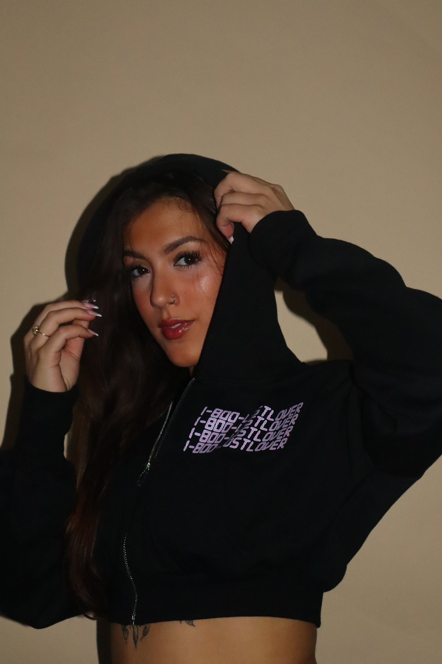 “1-800-LOSTLOVER” Cropped Zip-Up Jacket