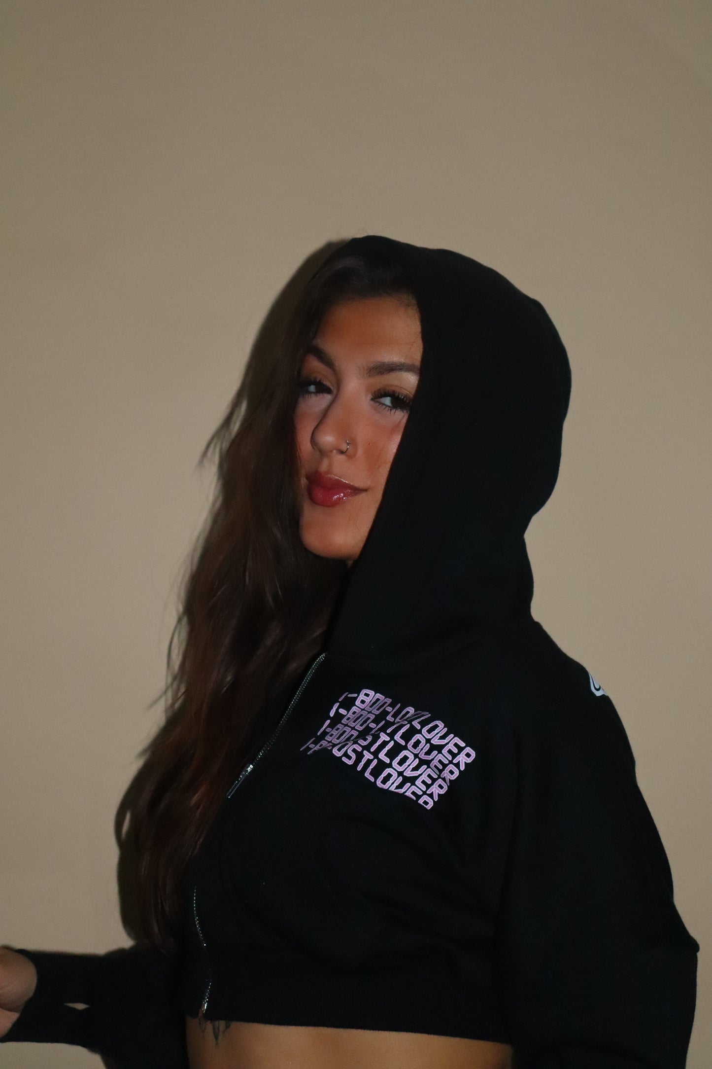 “1-800-LOSTLOVER” Cropped Zip-Up Jacket